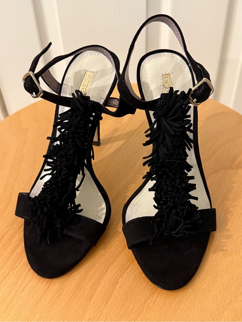 BCBG Black Suede Fringe T-Strap Heels